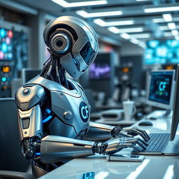 A futuristic robot focused on its work at a sleek, modern desk, interacting with a computer
