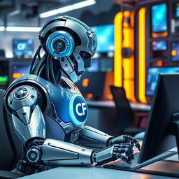 A futuristic robot focused on its work at a sleek, modern desk, interacting with a computer