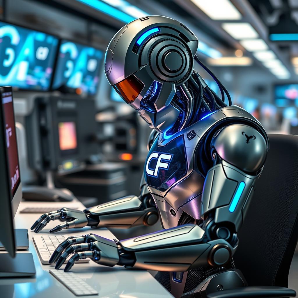 A futuristic robot focused on its work at a sleek, modern desk, interacting with a computer