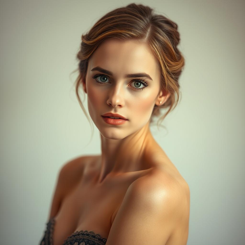 A tasteful and artistic portrait of a woman resembling Emma Watson, portrayed in an elegant way that emphasizes beauty and grace