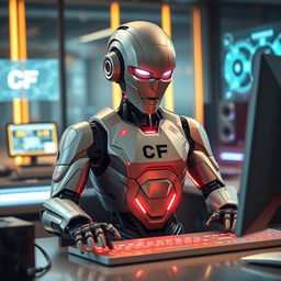 A futuristic robot working diligently at a computer, with an intricate design