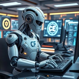 A futuristic robot working diligently at a computer, with an intricate design