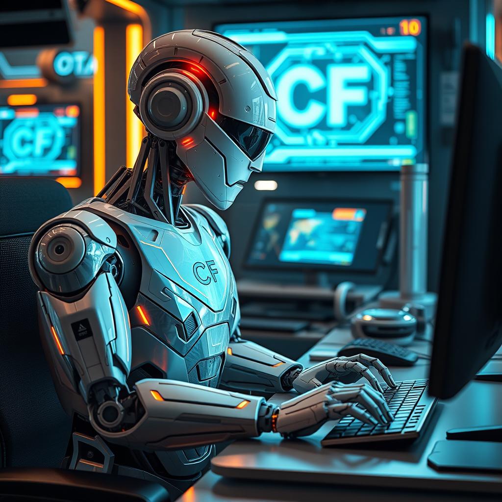 A futuristic robot working diligently at a computer, with an intricate design