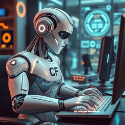 A futuristic robot working diligently at a computer, with an intricate design
