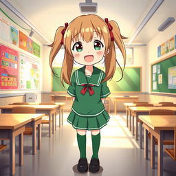 An anime-style illustration of a cheerful school girl wearing a green school uniform inside a vibrant classroom