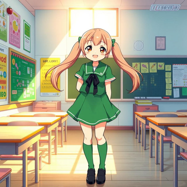 An anime-style illustration of a cheerful school girl wearing a green school uniform inside a vibrant classroom