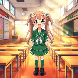 An anime-style illustration of a cheerful school girl wearing a green school uniform inside a vibrant classroom