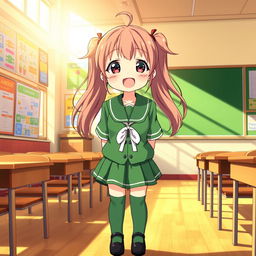 An anime-style illustration of a cheerful school girl wearing a green school uniform inside a vibrant classroom