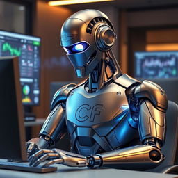 A futuristic robot working diligently at a computer, its metallic features gleaming under soft ambient lighting