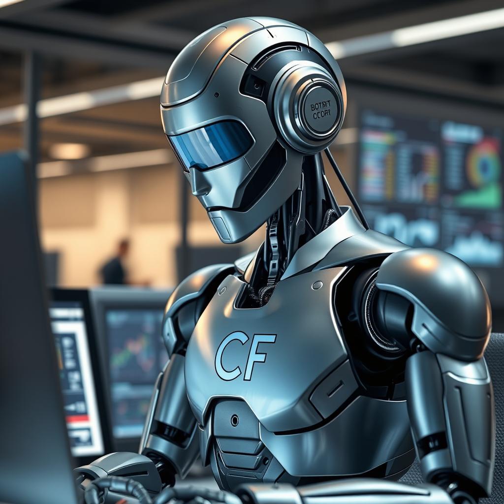 A futuristic robot working diligently at a computer, its metallic features gleaming under soft ambient lighting