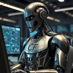 A futuristic robot working diligently at a computer, its metallic features gleaming under soft ambient lighting