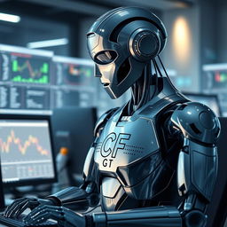A futuristic robot working diligently at a computer, its metallic features gleaming under soft ambient lighting