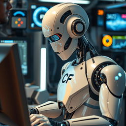 A futuristic robot focused intently on a computer, its sleek, metallic form reflecting the glow of multiple screens