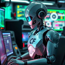 A futuristic robot focused intently on a computer, its sleek, metallic form reflecting the glow of multiple screens