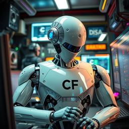A futuristic robot focused intently on a computer, its sleek, metallic form reflecting the glow of multiple screens