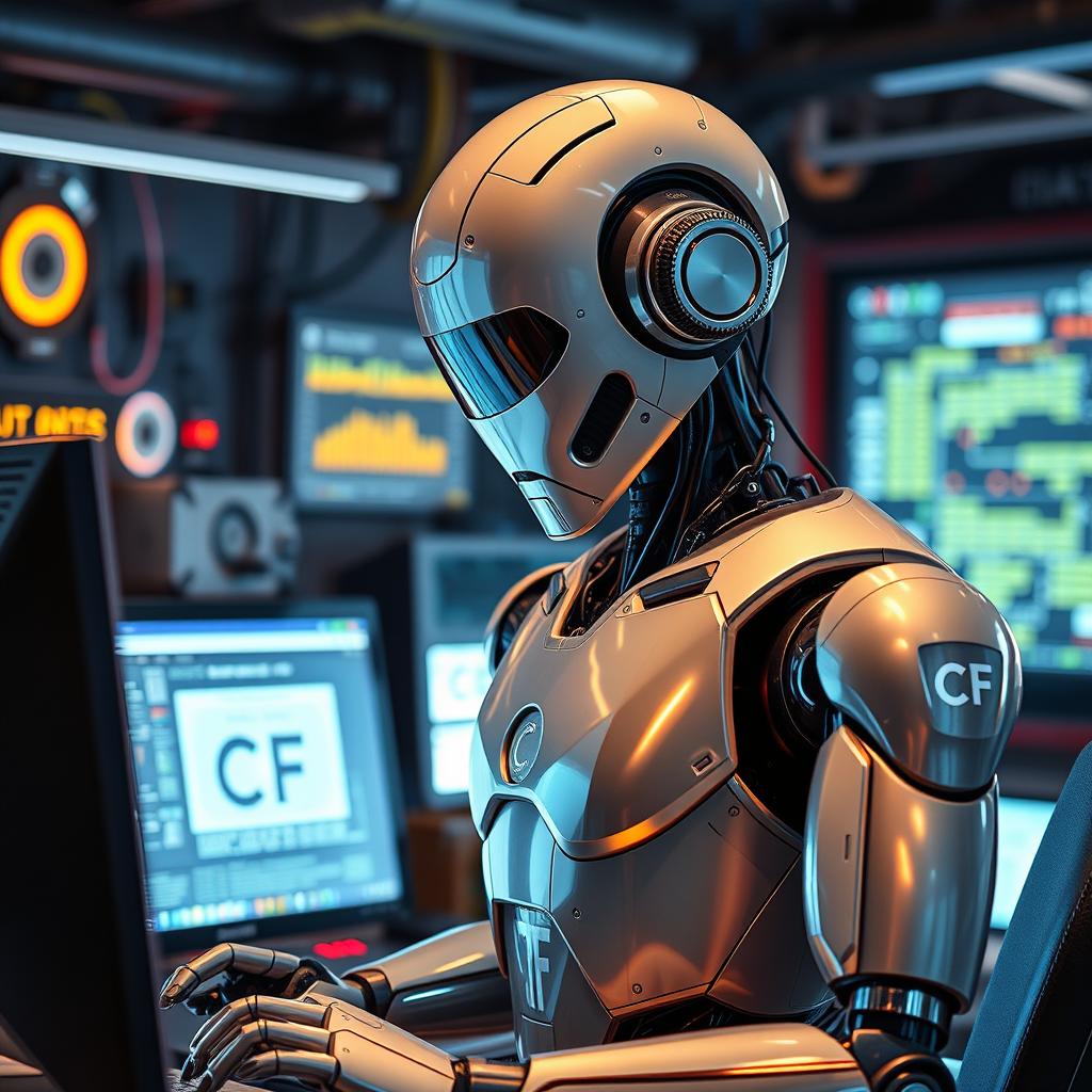 A futuristic robot focused intently on a computer, its sleek, metallic form reflecting the glow of multiple screens