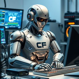 A sleek, futuristic robot engaged in typing on a computer, surrounded by high-tech gadgets and glowing screens