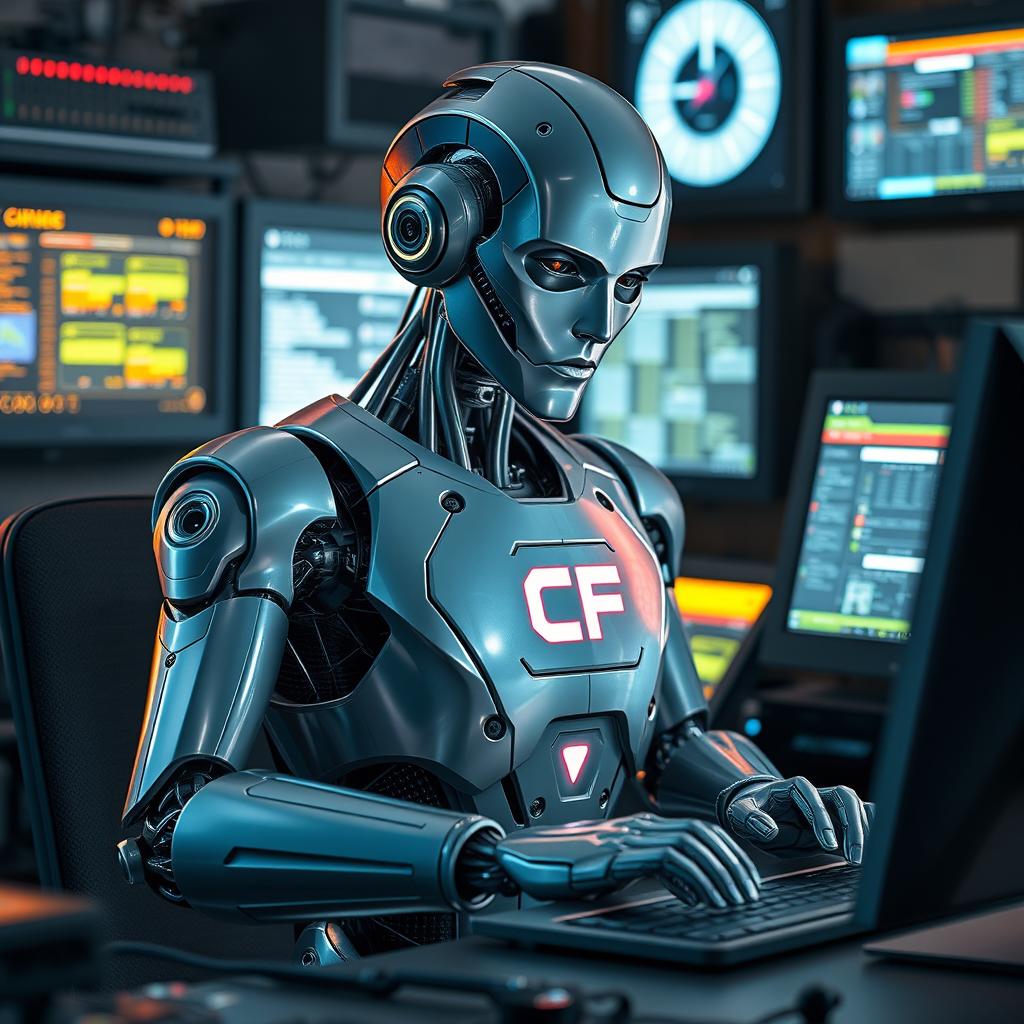 A sleek, futuristic robot engaged in typing on a computer, surrounded by high-tech gadgets and glowing screens