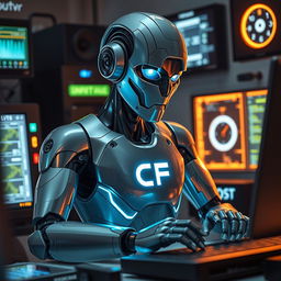 A sleek, futuristic robot engaged in typing on a computer, surrounded by high-tech gadgets and glowing screens