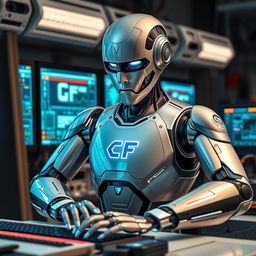 A sleek, futuristic robot engaged in typing on a computer, surrounded by high-tech gadgets and glowing screens