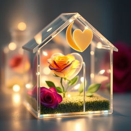 A beautiful miniature transparent glass house, featuring a heart and a violet and yellow rose inside