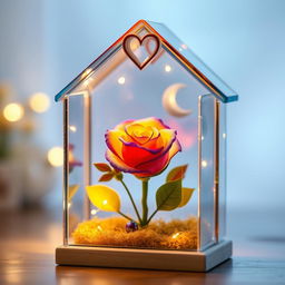 A beautiful miniature transparent glass house, featuring a heart and a violet and yellow rose inside