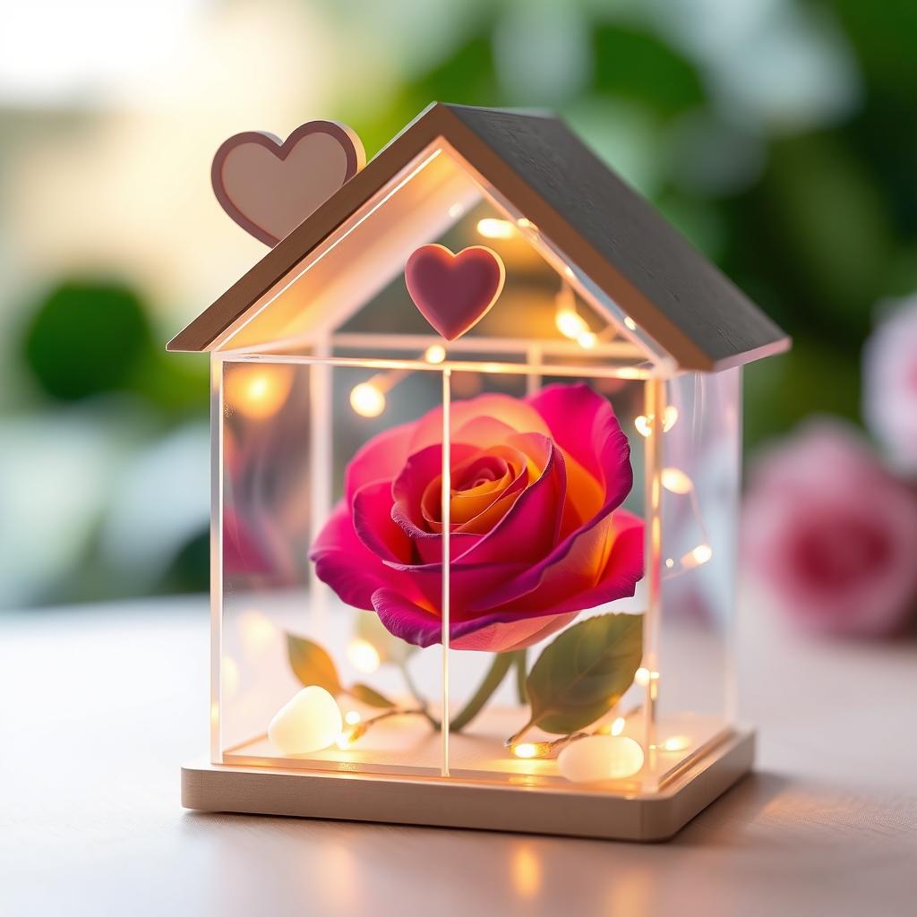 A beautiful miniature transparent glass house, featuring a heart and a violet and yellow rose inside