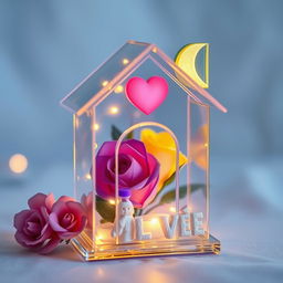 A beautiful miniature transparent glass house, featuring a heart and a violet and yellow rose inside