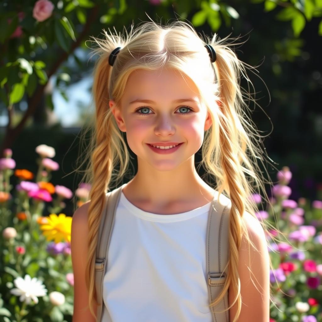 A beautiful 18-year-old blonde girl with playful pigtails, wearing a casual outfit