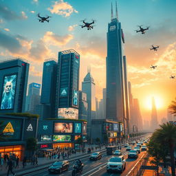 A futuristic cityscape in 2025, showcasing towering skyscrapers with digital billboards and flying vehicles, bright neon lights illuminate the streets, bustling with diverse groups of people