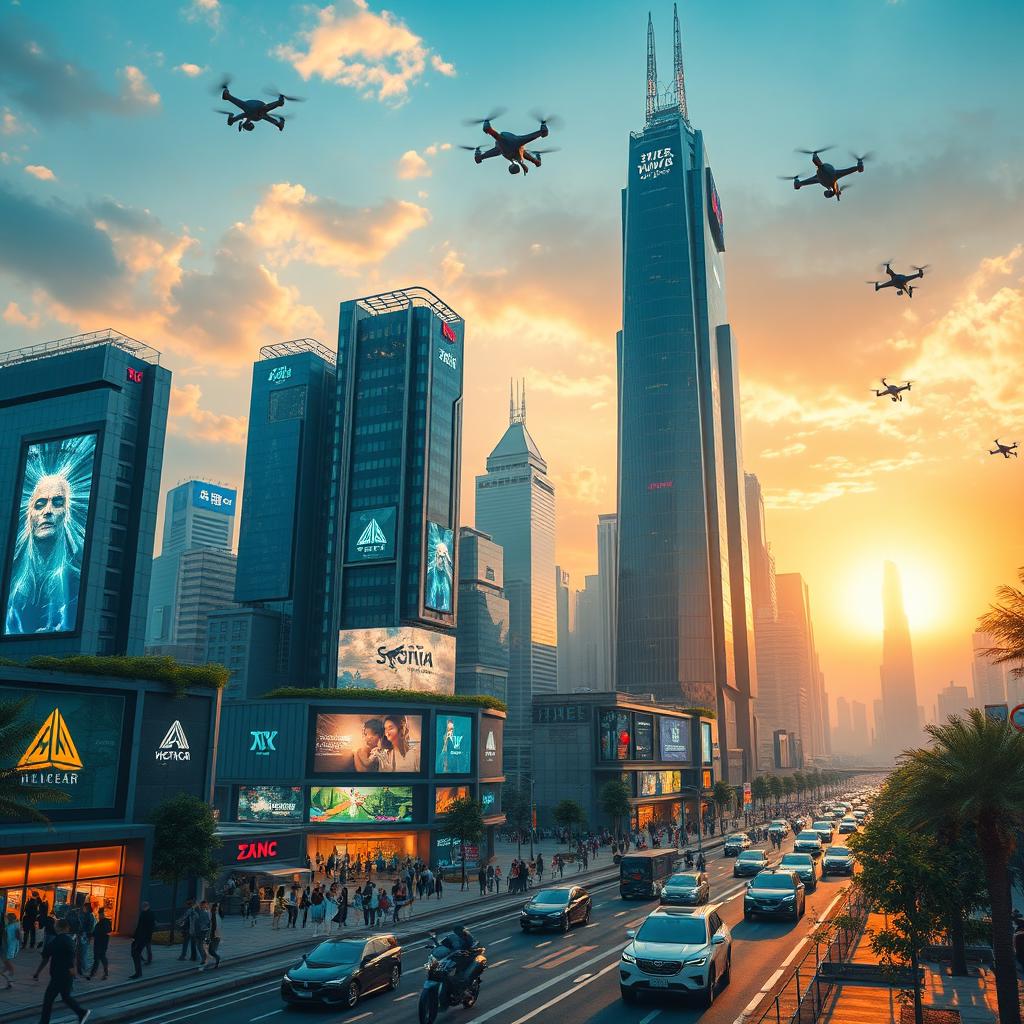 A futuristic cityscape in 2025, showcasing towering skyscrapers with digital billboards and flying vehicles, bright neon lights illuminate the streets, bustling with diverse groups of people