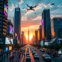 A futuristic cityscape in 2025, showcasing towering skyscrapers with digital billboards and flying vehicles, bright neon lights illuminate the streets, bustling with diverse groups of people