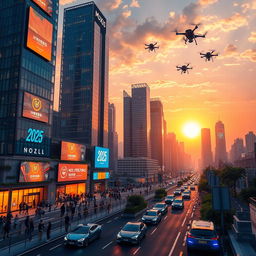 A futuristic cityscape in 2025, showcasing towering skyscrapers with digital billboards and flying vehicles, bright neon lights illuminate the streets, bustling with diverse groups of people