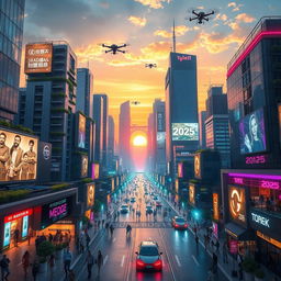 A futuristic cityscape in 2025, showcasing towering skyscrapers with digital billboards and flying vehicles, bright neon lights illuminate the streets, bustling with diverse groups of people