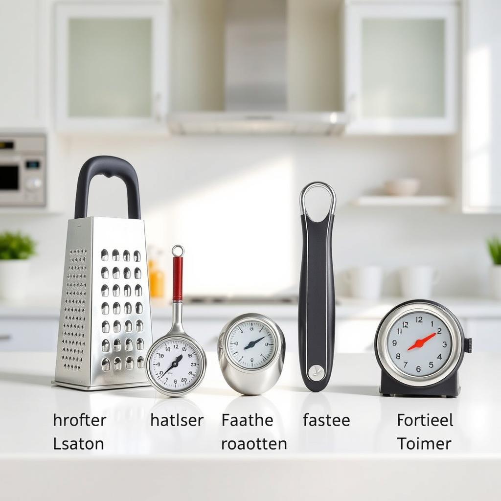 A clean and organized kitchen countertop featuring a grater, can opener, potato masher, cooking thermometer, and a timer