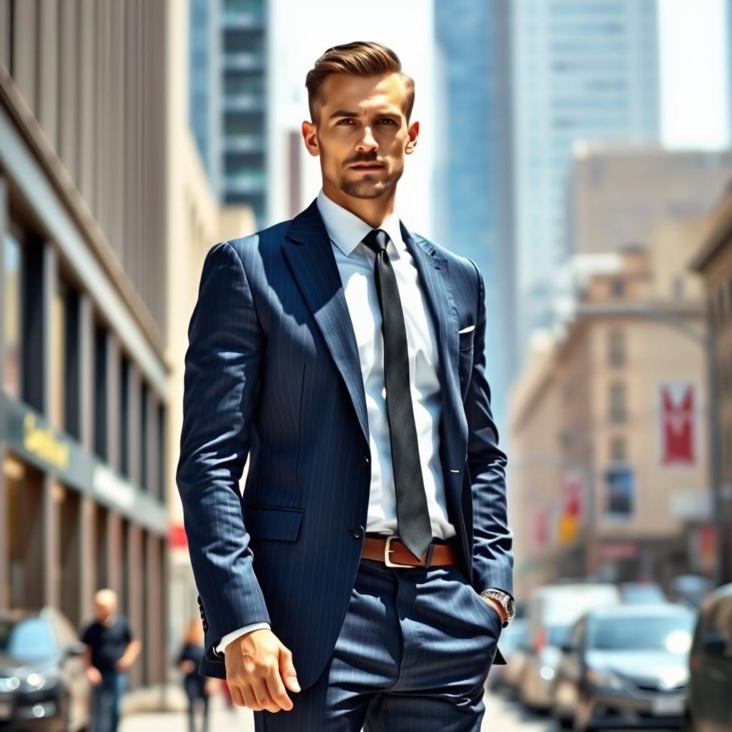 A fashionable man in a tailored suit, standing confidently in a modern urban environment