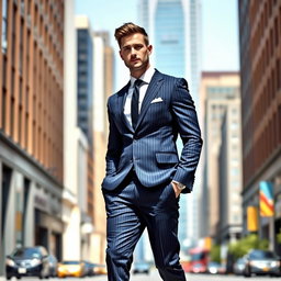 A fashionable man in a tailored suit, standing confidently in a modern urban environment