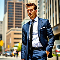 A fashionable man in a tailored suit, standing confidently in a modern urban environment