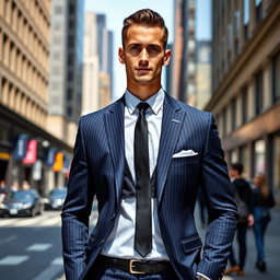 A fashionable man in a tailored suit, standing confidently in a modern urban environment