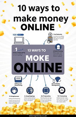 A visually captivating infographic illustrating '10 ways to make money online', featuring creative and engaging icons for each method