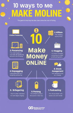 A visually captivating infographic illustrating '10 ways to make money online', featuring creative and engaging icons for each method
