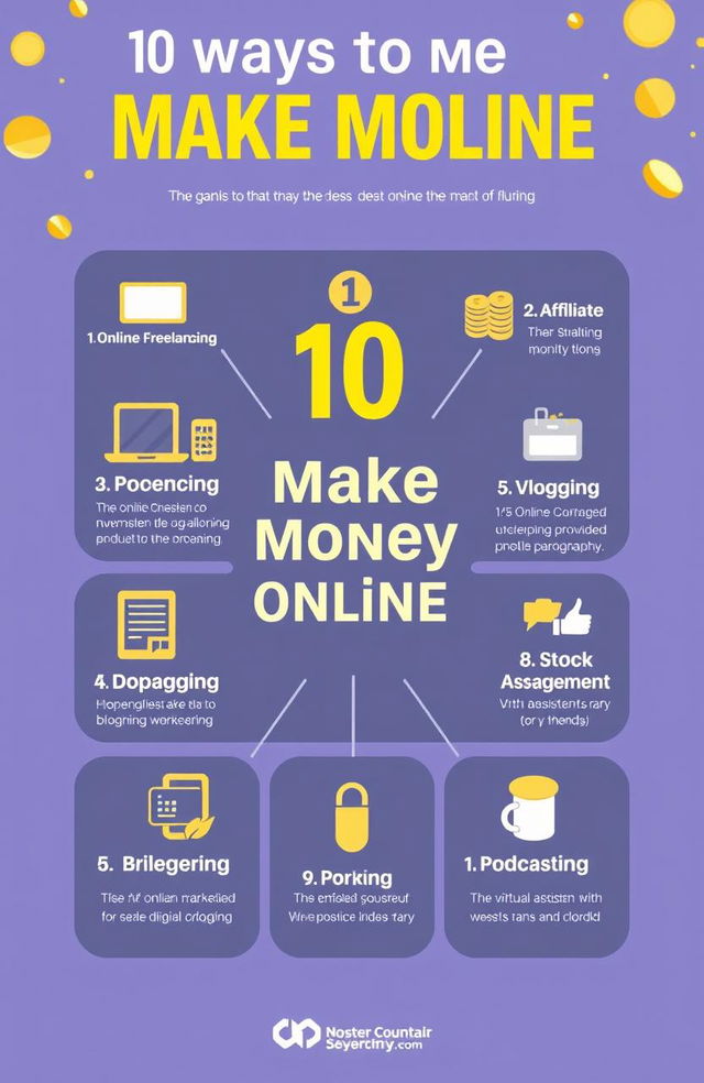 A visually captivating infographic illustrating '10 ways to make money online', featuring creative and engaging icons for each method