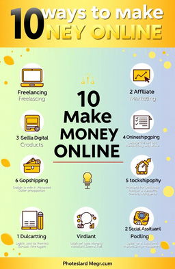 A visually captivating infographic illustrating '10 ways to make money online', featuring creative and engaging icons for each method