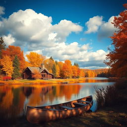 A vibrant autumn landscape scene showcasing a serene lake surrounded by colorful trees in shades of orange, red, and yellow