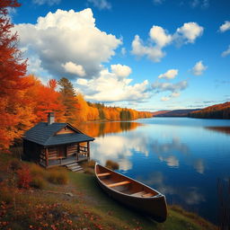 A vibrant autumn landscape scene showcasing a serene lake surrounded by colorful trees in shades of orange, red, and yellow