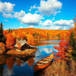 A vibrant autumn landscape scene showcasing a serene lake surrounded by colorful trees in shades of orange, red, and yellow