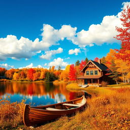 A vibrant autumn landscape scene showcasing a serene lake surrounded by colorful trees in shades of orange, red, and yellow