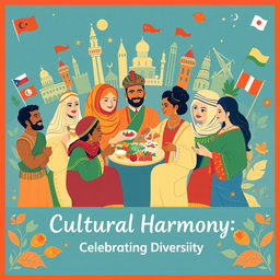A vibrant and colorful poster showcasing a diverse group of individuals from various ethnic backgrounds engaging in a cultural exchange