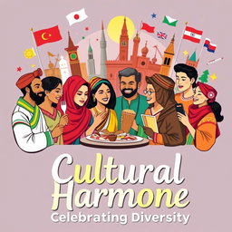 A vibrant and colorful poster showcasing a diverse group of individuals from various ethnic backgrounds engaging in a cultural exchange