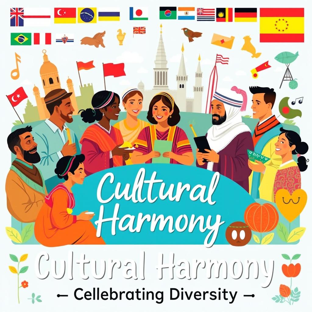 A vibrant and colorful poster showcasing a diverse group of individuals from various ethnic backgrounds engaging in a cultural exchange
